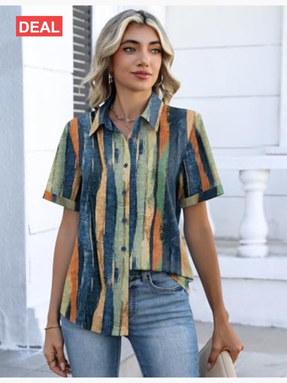 Short Sleeve V-Neck Button Down Blouse with Roll-Up Cuffs - Picture 4 of 7